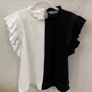 Womens Black and White Top with Puff Sleeves, Size Large